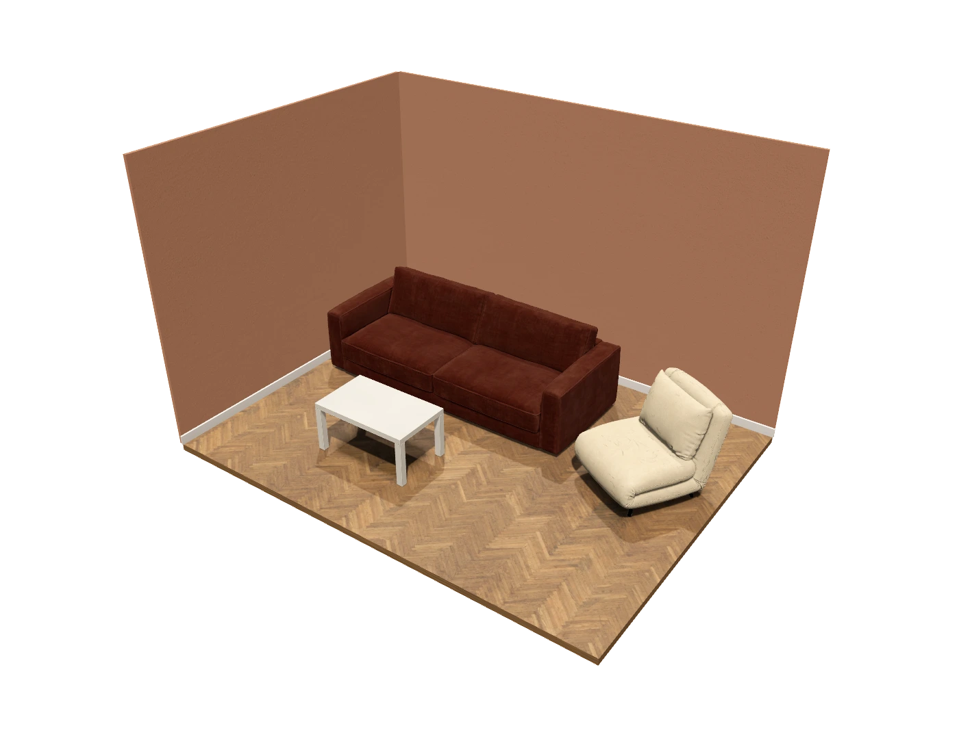 Meeting demo: a burgundy Lukas sofa, cream Moss chair and LACK table, with terracotta walls and a herringbone floor